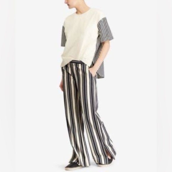 LAUREN RL Navy and beige striped twill split leg pants size 12 - Picture 1 of 16